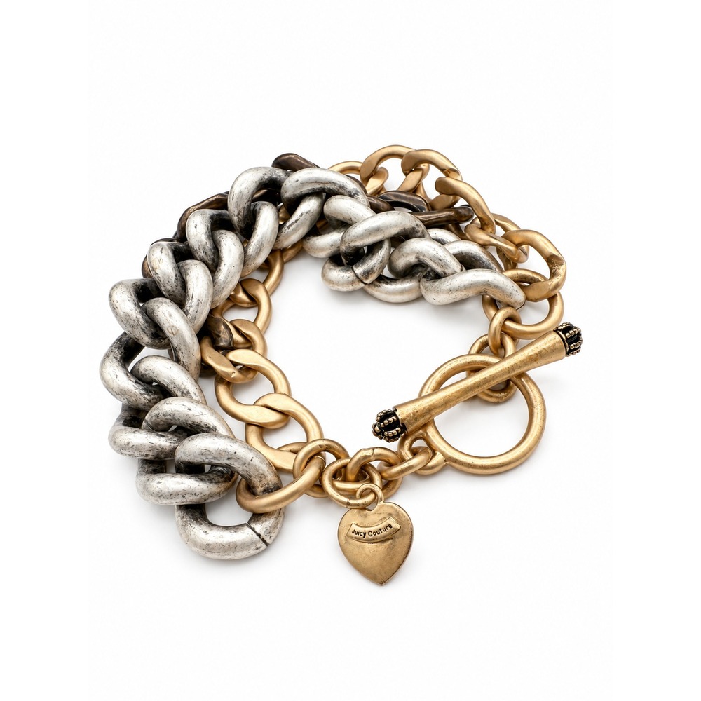 Vintage Y2K Juicy Couture Two Tone Silver Gold Puffy Heart Charm Bracelet 2000s